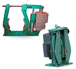 Vista de dos Frenos Electrohidráulico Stromag verdes. Uno de Disco y otro de Tambor