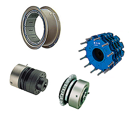 Vista de un embrague neumático de tambor y uno de disco, ambos FU-Eaton-Airflex, y dos embragues neumáticos compactos FU